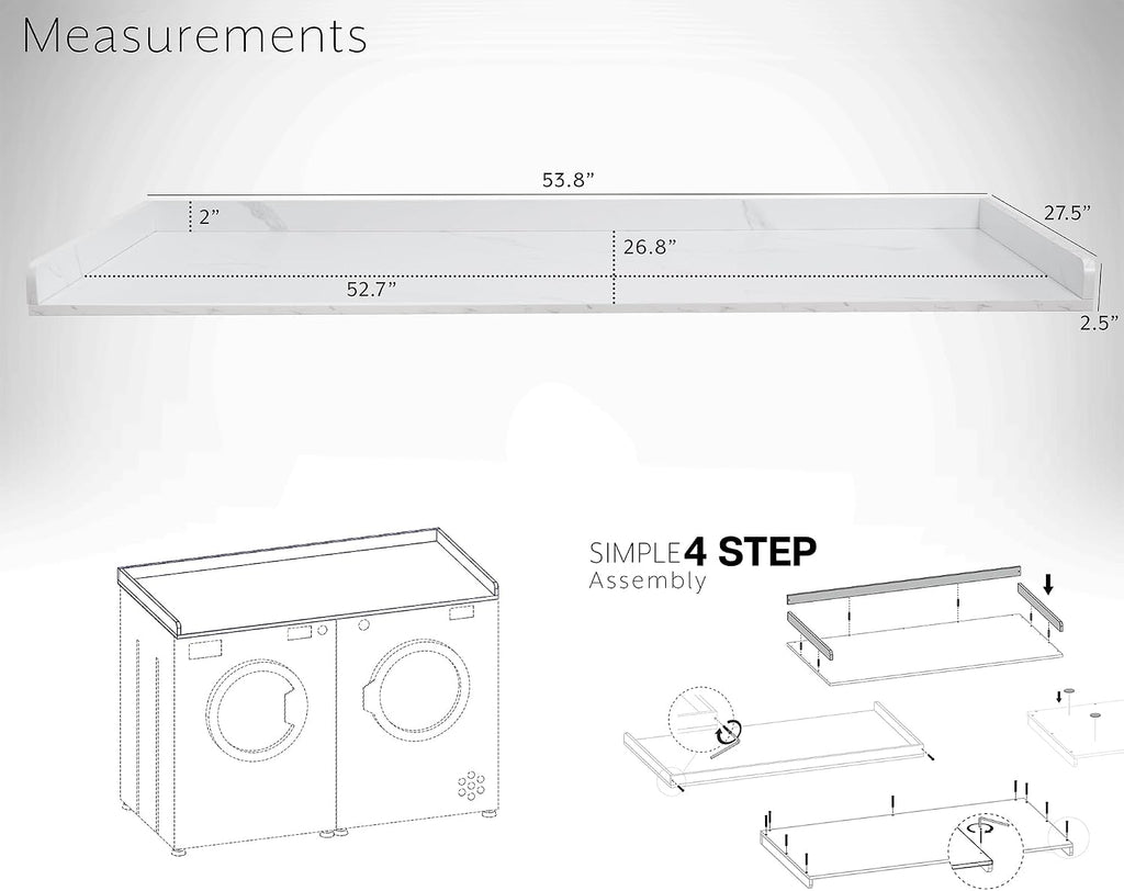 Life Finds 54 inch Washer Dryer Countertop with Safety Ledge for Laundry Room Organization, White Marble Pattern, LF-WDCT1WM