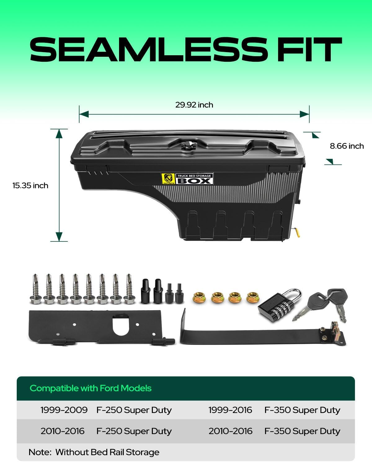 YHTAUTO Truck Bed Storage Tool Box Lockable Compatible with 1999-2016 Ford F-250 F-350 Super Duty, Passenger Side, Without Bed Rail Storage, Swing Waterproof Wheel Well Toolbox