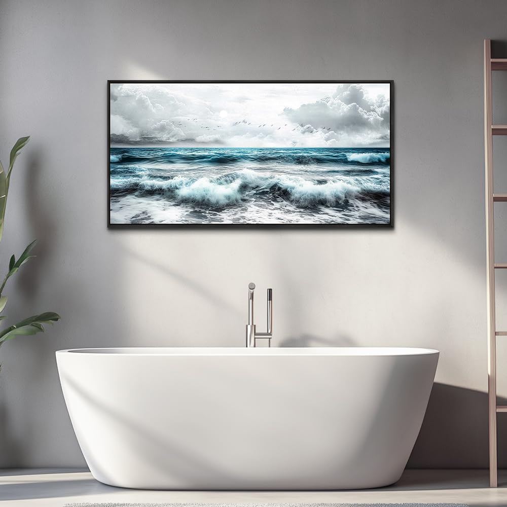ERQINHUA Black And White Beach Canvas Wall Art For Living Room Wall Decoration For Bedroom Office Wall Decor Blue Sea Wave Printing Pictures Artwork Home Decor Painting Black Framed 24x48 In