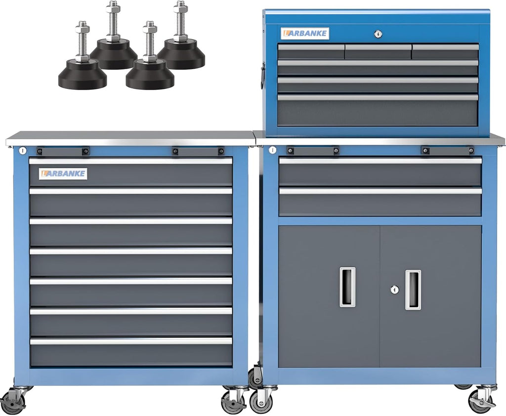 Rolling Tool Chest with Connection Buckle,7-Drawer Tool Chest and 8-Drawer Tool Box with Metal Stainless Tabletop,Locking System Storage Tool Cabinet with 360° Brake Swivel Wheels and Foot Pad
