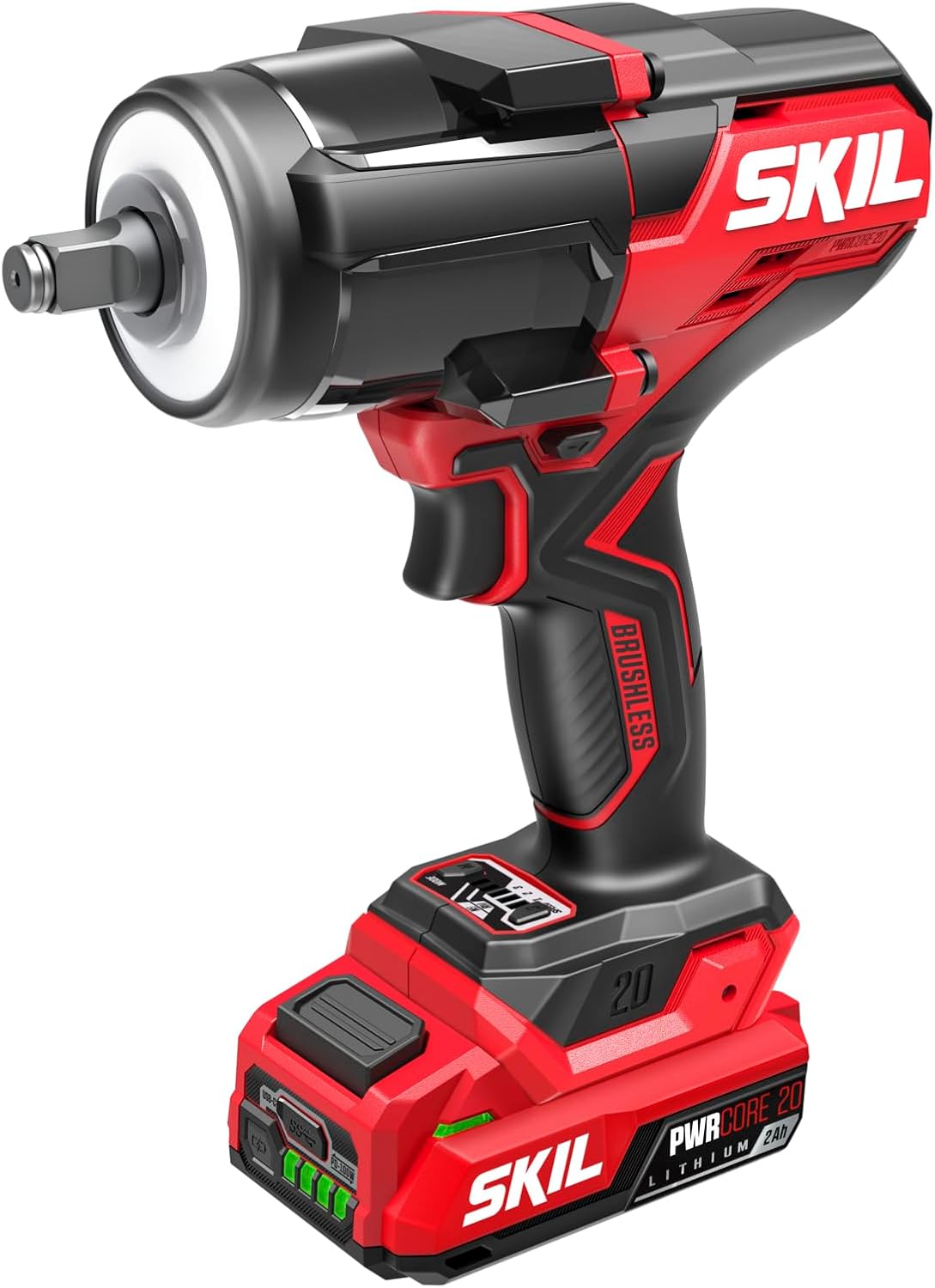 SKIL PWR CORE 20 Brushless 20V 1/2-Inch Mid-Torque Impact Wrench with Three Speed Selection, Includes 2.0Ah USB-C Battery and 45W USB-C Charger - IW5761B-1C