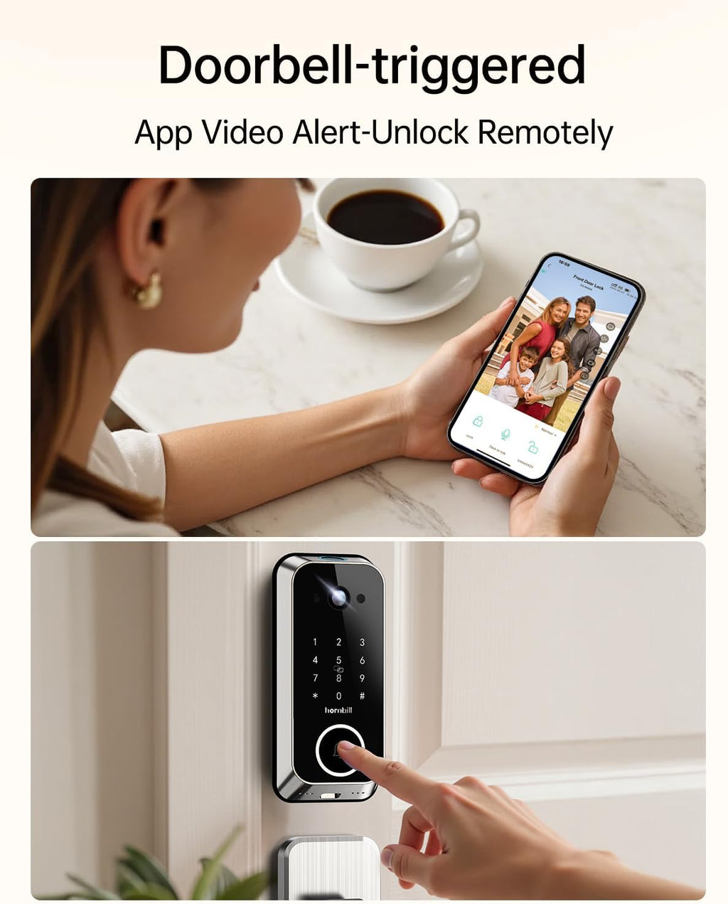 Smart Front Door Lock Sets: 2K HD Camera Lock with Doorbell Kits, Hornbill Fingerprint Keyless Entry Door Lock with Handles, WiFi Deadbolt(only 2.4G) for Remote Control, APP/Alexa/PIR,Satin Nickel