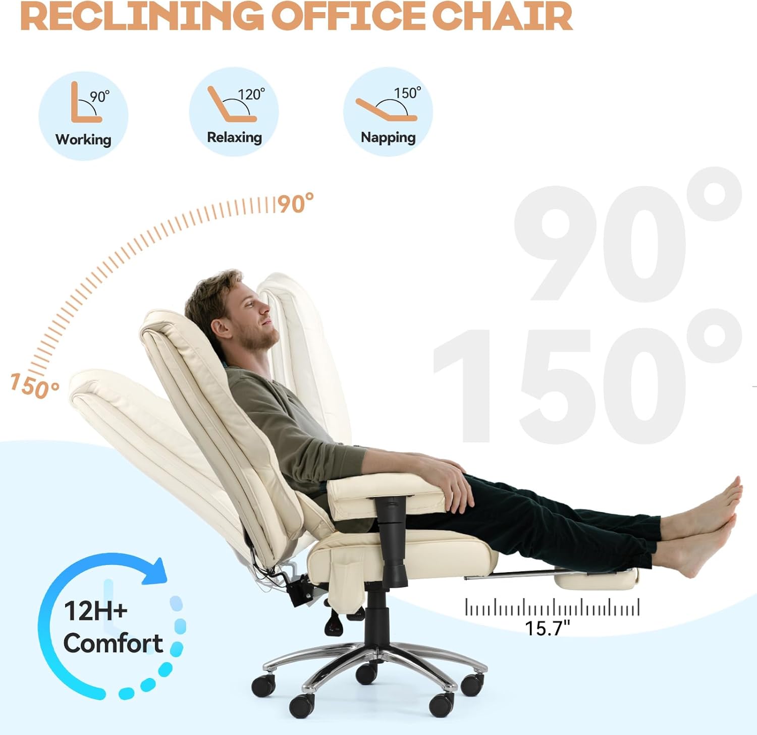 Massage Office Chair with Foot Rest, Ergonomic Executive Heated Office Chair with Reclining Backrest, Adjustable Arms and Lumbar Support, High Back Leather Desk Chairs for Home Office, Beige