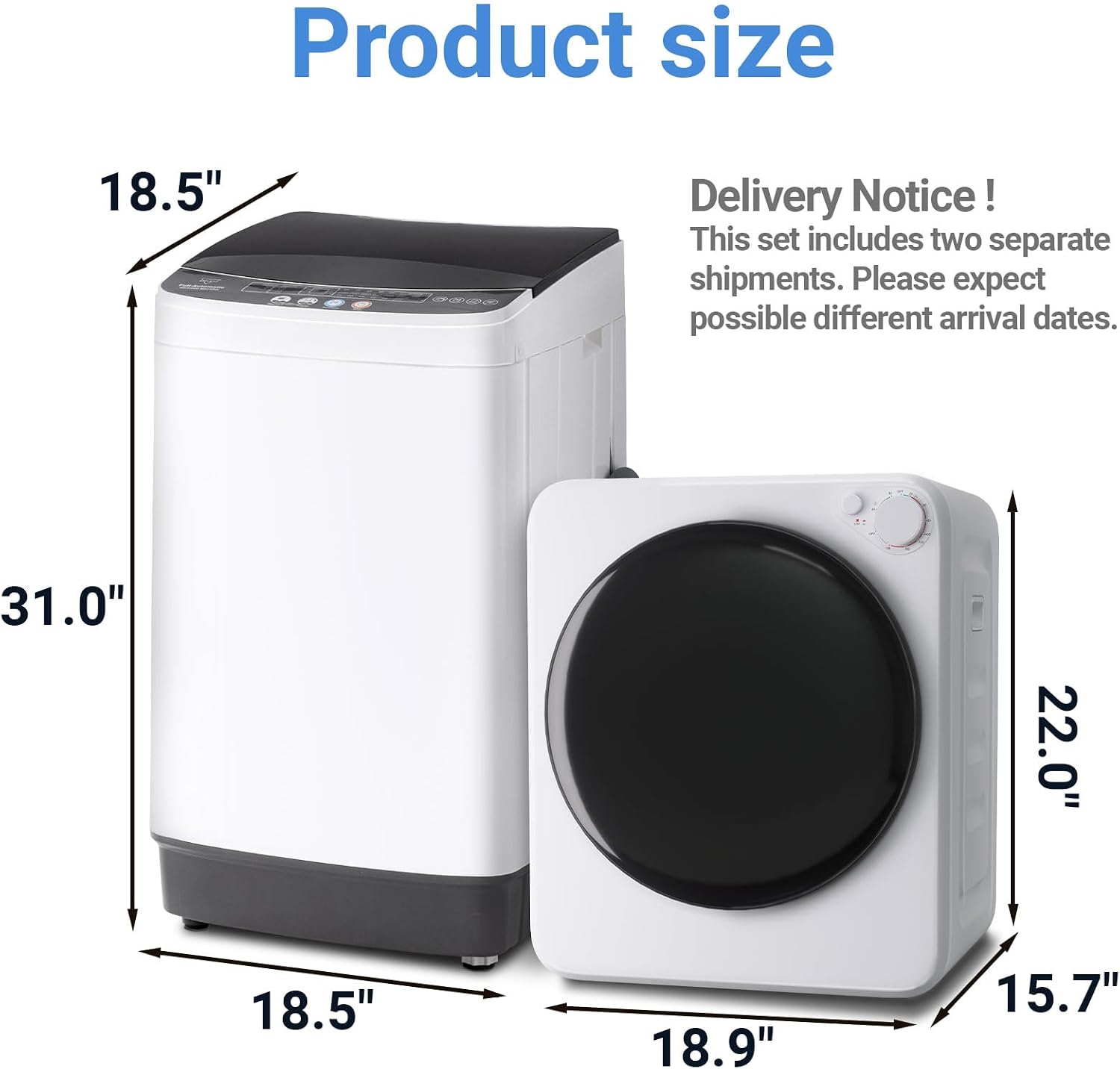 Erivess 1.8Cu.Ft Portable Clothes Dryer and 2.0Cu.Ft Full Automatic Washing Machine Set, Washer and Spinner Combo, Stainless Steel Tub, Space Saving,Ideal for Laundry, Apartments, Dorms
