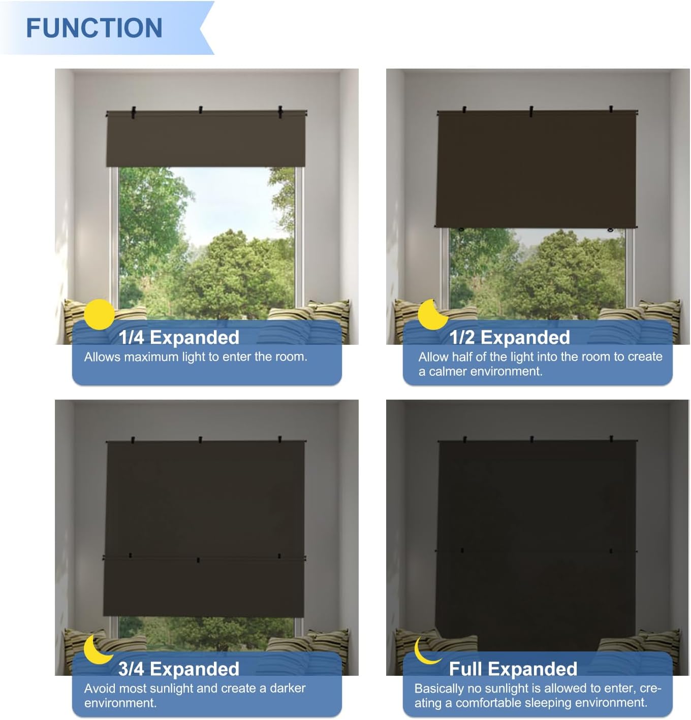 E&K Sunrise 4'W x 7.5'H Outdoor Roller Shades Patio Cordless Roll Up Blinds Foldable Sun Shade UV Block Exterior Sun Screen for Outside Porch Backyard Deck Pergola (Brown)