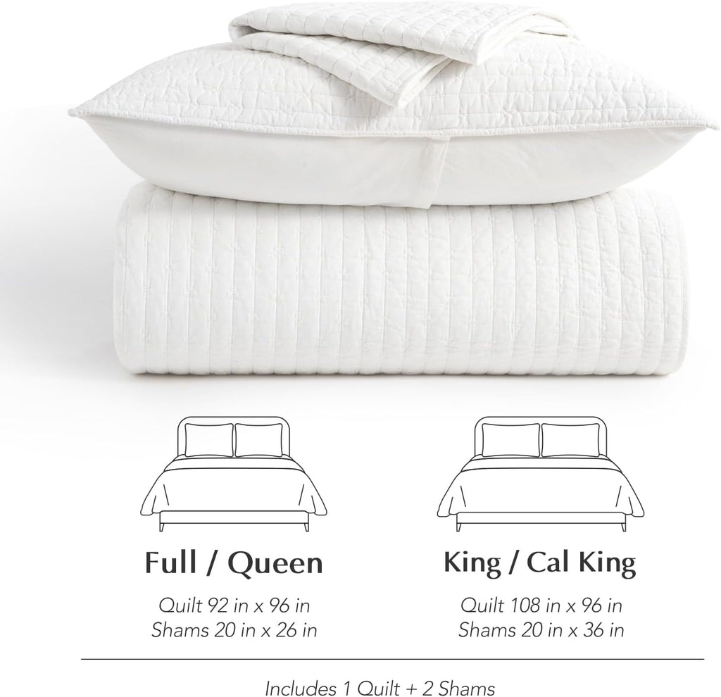 EVERGRACEHOME Cross Stitch Pre-Washed Cotton Quilt Bedding Set King Size, Oversized 3 Pieces Lightweight Bedspread Coverlet for All Season, with 2 Matching Shams, Bright White,108'x96'