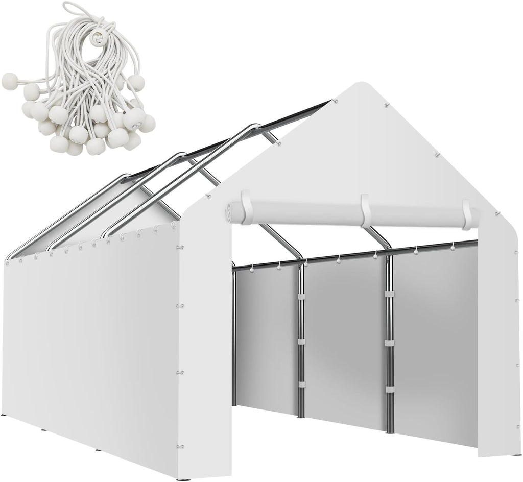 Canopy Sidewalls for 10x20x9.35FT Carport with Ball Bungee Cords, Shelter Logic Replacement Covers Canopy Walls for Car Tent Garage(Sidewalls Only) (White)