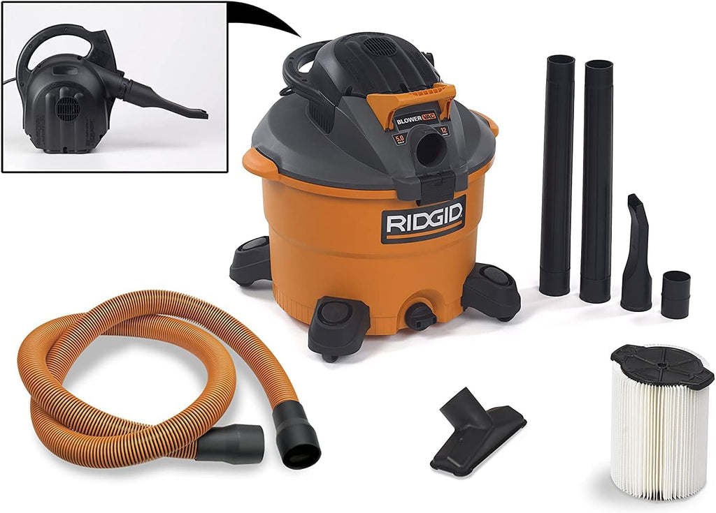 RIDGID Wet Dry Vacuums VAC1200 Heavy Duty Wet Dry Vacuum Cleaner and Blower Vac, 12-Gallon, 5.0 Peak Horsepower Detachable Leaf Blower Vacuum Cleaner with Pro-Grade Hose