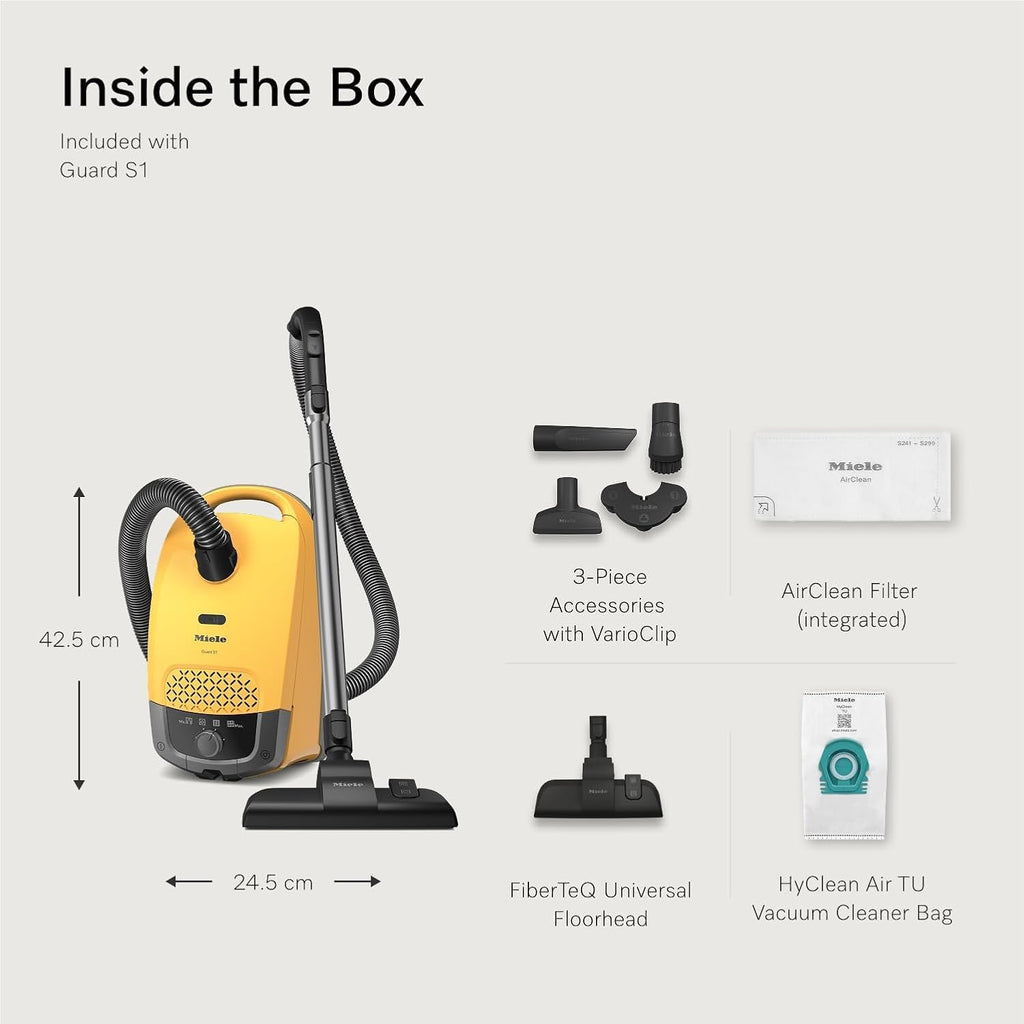 Miele Guard S1 Bagged Canister Vacuum Cleaner, 1200W Motor, AirClean Filtration, HyClean 3.5L Dustbag, Lightweight & Compact, Universal Floorhead SBD 355-3, Sunset Yellow (41TAE033CDN)