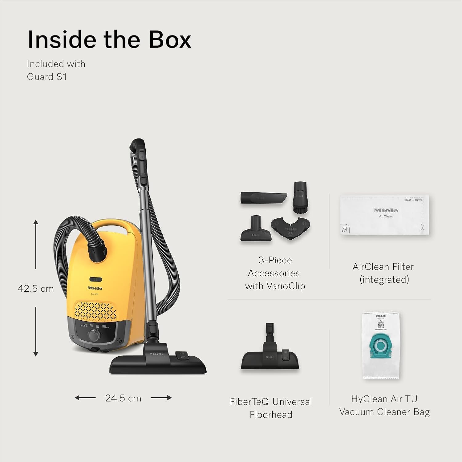 Miele Guard S1 Bagged Canister Vacuum Cleaner, 1200W Motor, AirClean Filtration, HyClean 3.5L Dustbag, Lightweight & Compact, Universal Floorhead SBD 355-3, Sunset Yellow (41TAE033CDN)