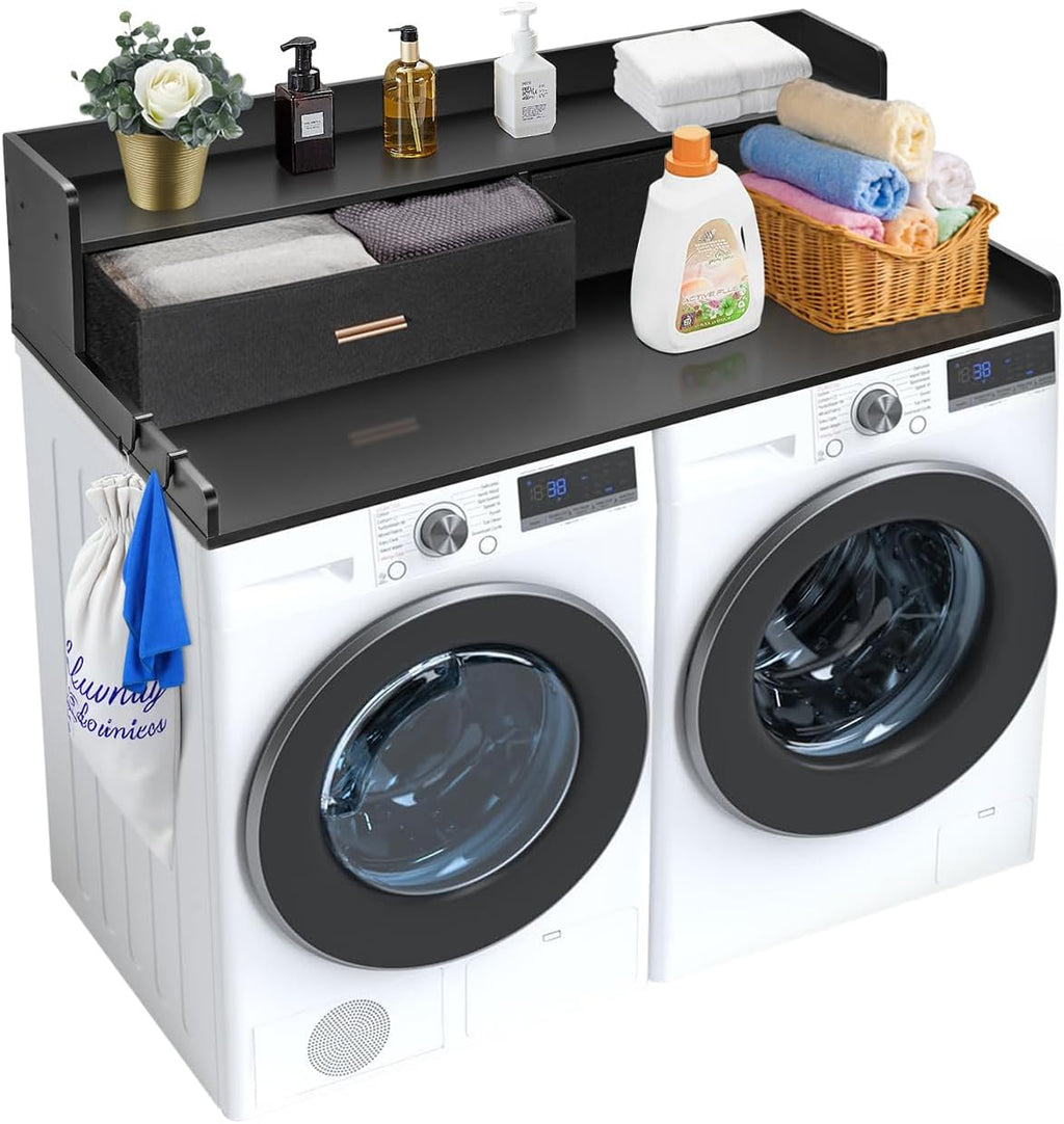 VEVOR 2 Drawers Washer Dryer Countertop with Shelf, 54' x 27' Wooden Laundry Countertop with 2 Hooks & Non-Slip Pads, Washer and Dryer Covers for The Top, Laundry Room Organization and Storage, Black