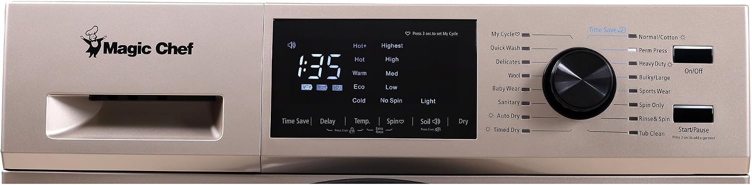 Magic Chef MCSCWD27G5 24 Inch Standalone Front Loading Combination Washer and Dryer with LED Display, 14 Wash Cycles, and Stainless Steel Inner Drum