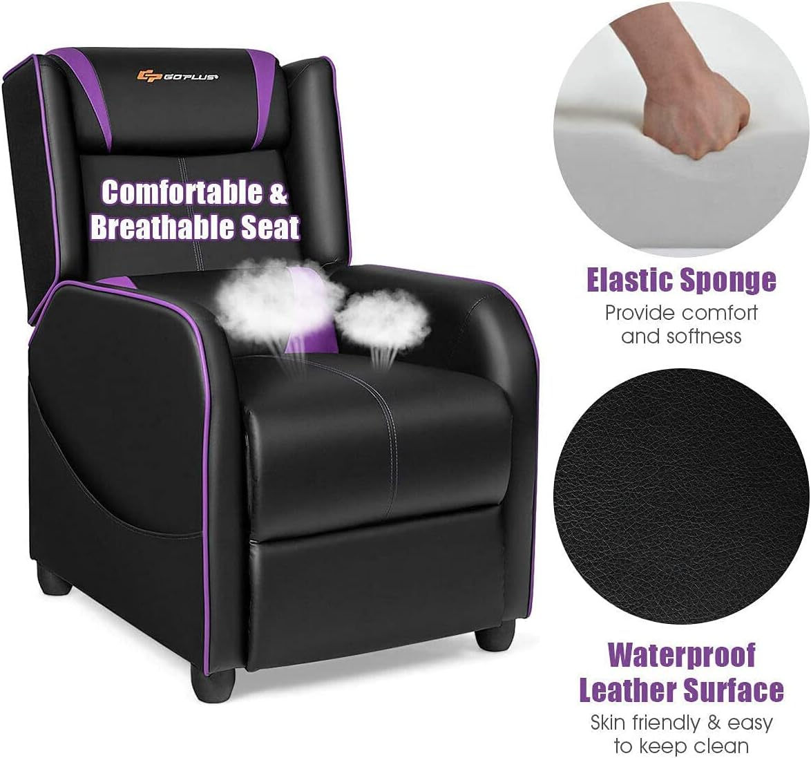 LDAILY Massage Recliner Chair, Racing Style Gaming Chair w/Massage Lumbar Cushion, Footrest & Headrest, Ergonomic PU Leather Single Recliner Sofa for Living Room Home Office (Purple)