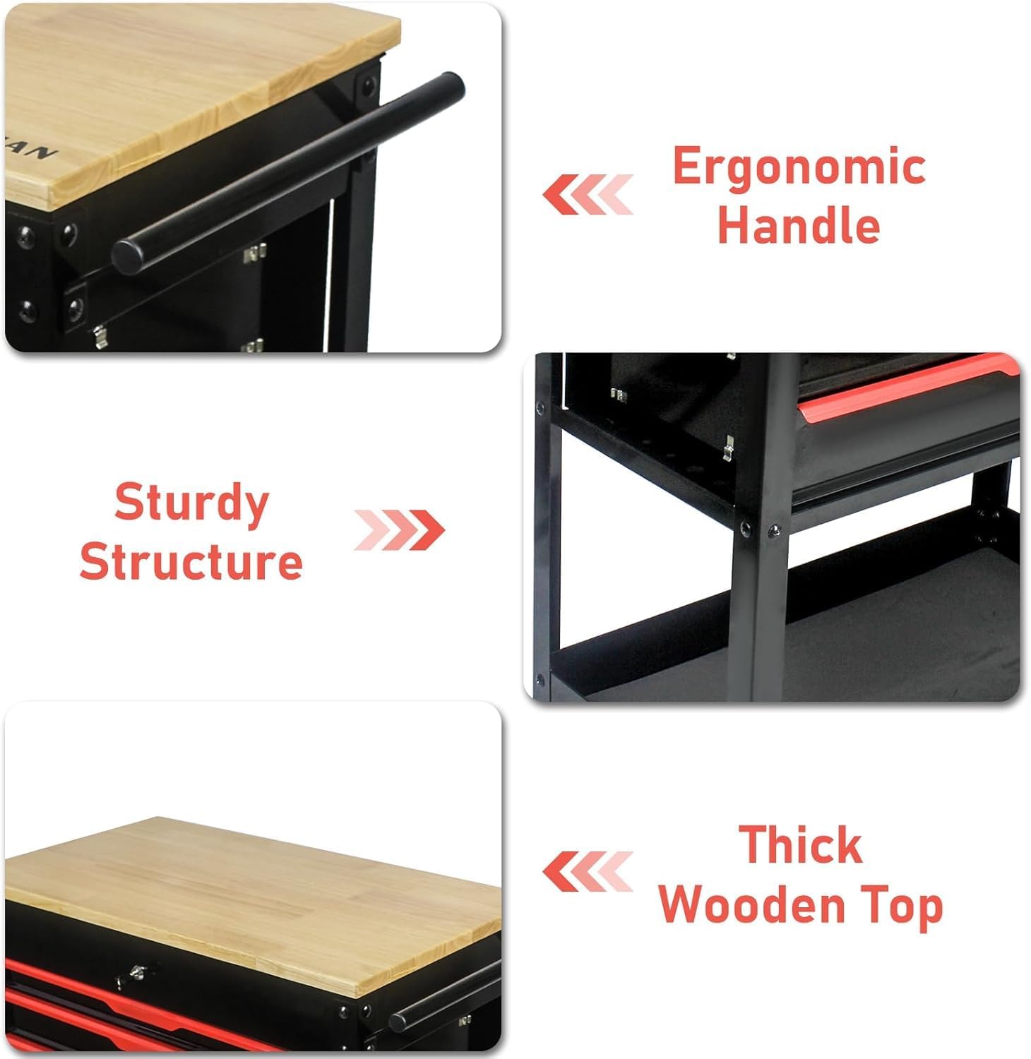 3-Drawer Rolling Tool Chest Cabinet, 38-Inch Tool Box with Wheels and Wooden Top, Service Cart, Tool Box Organizers and Storage, Caja de Herramientas (3 DRAWERS- BLACK AND RED)
