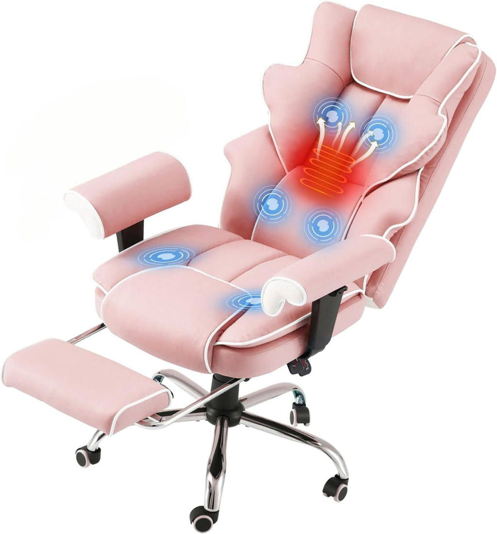 HOMREST Pink Ergonomic Office Chair with 6-Point Vibration Massage & Heat – Reclining Executive Chair with Adjustable Footrest and Armrests, PU Leather Big and Tall Home Office Desk Chair