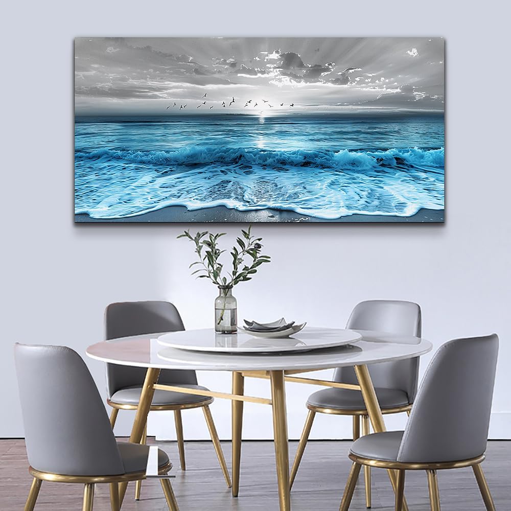 ERQINHUA Large Canvas Printed Artworks Mural Wall Decor For Living Room Wall Art For Bedroom Office Restaurant Decoration Blue Sea Wave Ocean Paintings Beach Wall Pictures Modern Home Decor 30'X60'