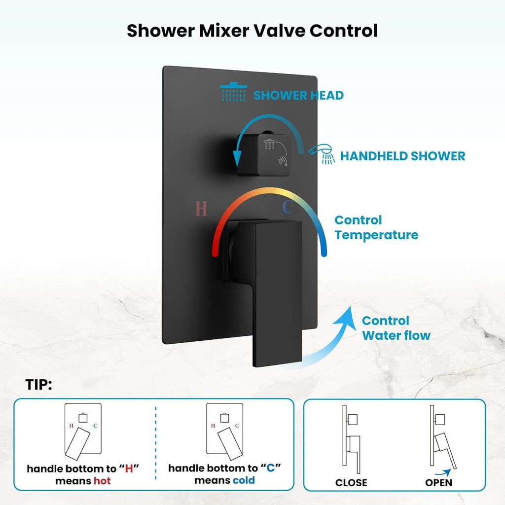 gotonovo Rainfall Bathroom Shower System Rain Shower Head and Handle Set Wall Mounted Shower Complete Combo Solid Brass Pressure Balancing Shower Mixer Valve 16 Inch Matte Black