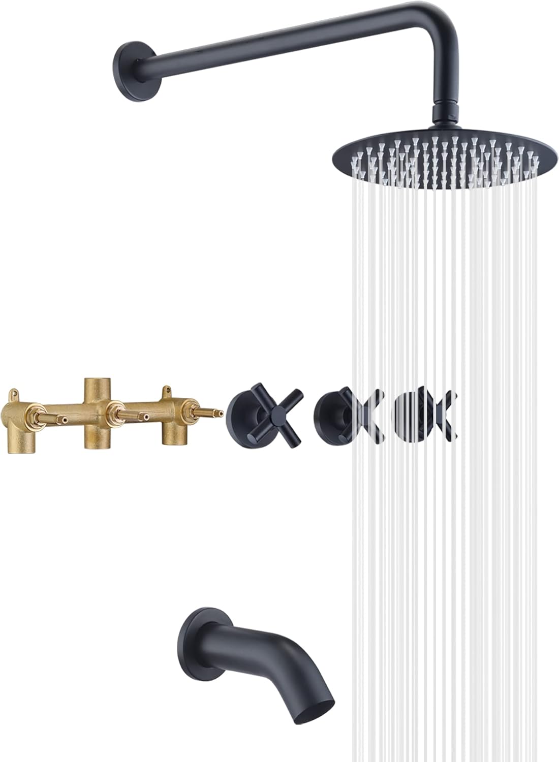 3 Handle Tub Shower Faucet,Matte Black Bathtub Faucet Set with Waterfall Tub Spout,Tub and Shower Trim Kit with Valve,SUMERAIN