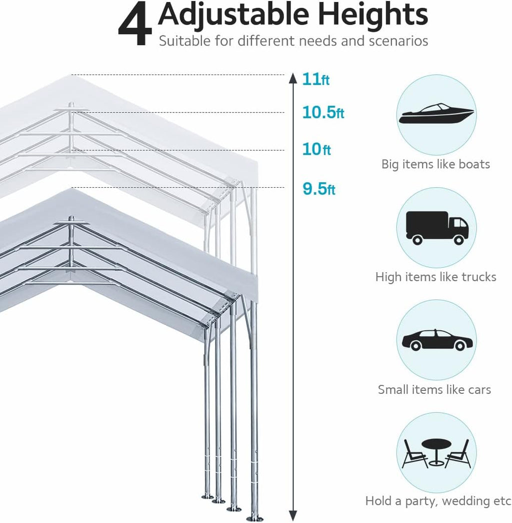 ADVANCE OUTDOOR 12x20 ft Canopy Garage Heavy Duty Carport Car Boat Shelter Party Tent, Adjustable Peak Height from 9.5ft to 11ft, White