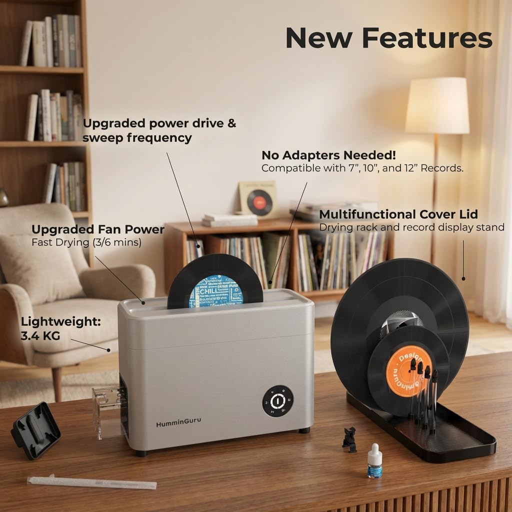 HumminGuru Ultrasonic Vinyl Record Cleaner- 40kHz Ultrasonic Vinyl Record Cleaning Machine with Auto Drying, Vinyl Record Cleaner Kit with Filters, 1Y Warranty (NOVA White Sand, 7/10/12 Inch)