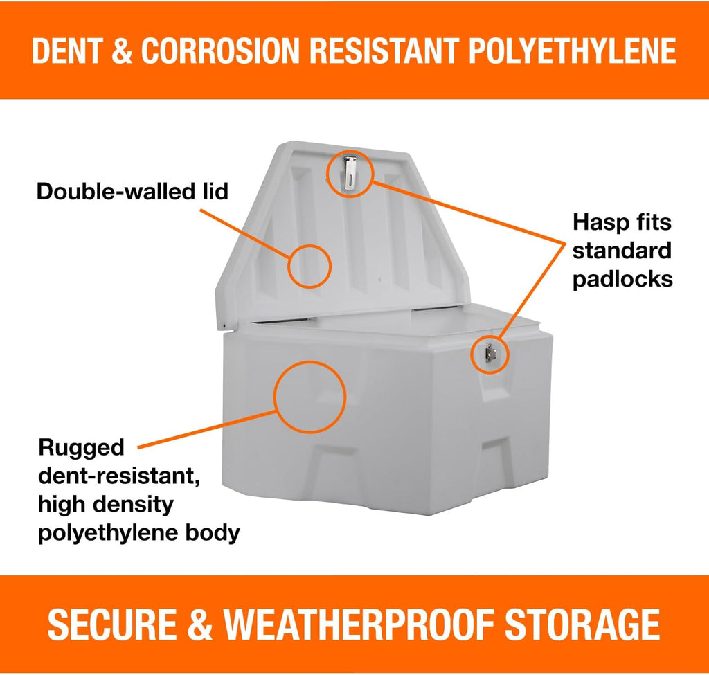Buyers Products 1701679 White Poly Trailer Tongue Box, 18 x 19 x 36 Inch, Made in the USA, Trailer Tongue Tool Box For Storage And Organization, Trailer Storage Box