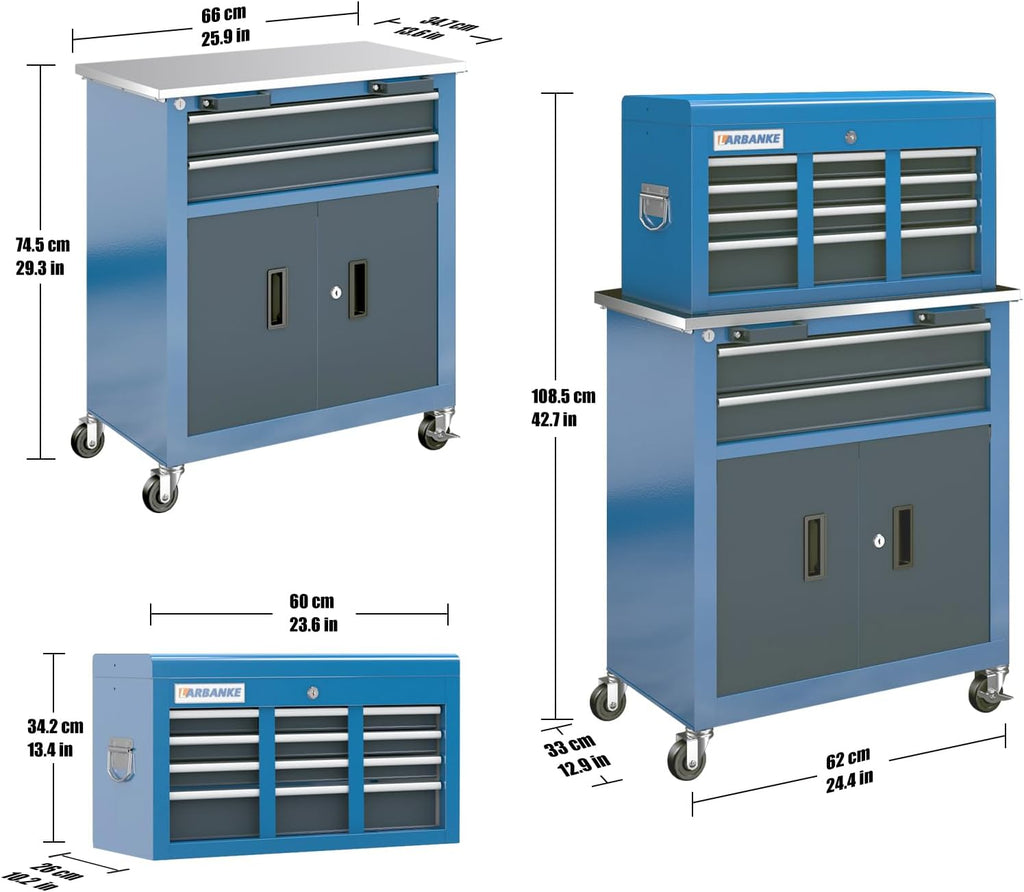 Rolling Tool Chest with Connection Buckle,7-Drawer Tool Chest and 8-Drawer Tool Box with Metal Stainless Tabletop,Locking System Storage Tool Cabinet with 360° Brake Swivel Wheels and Foot Pad