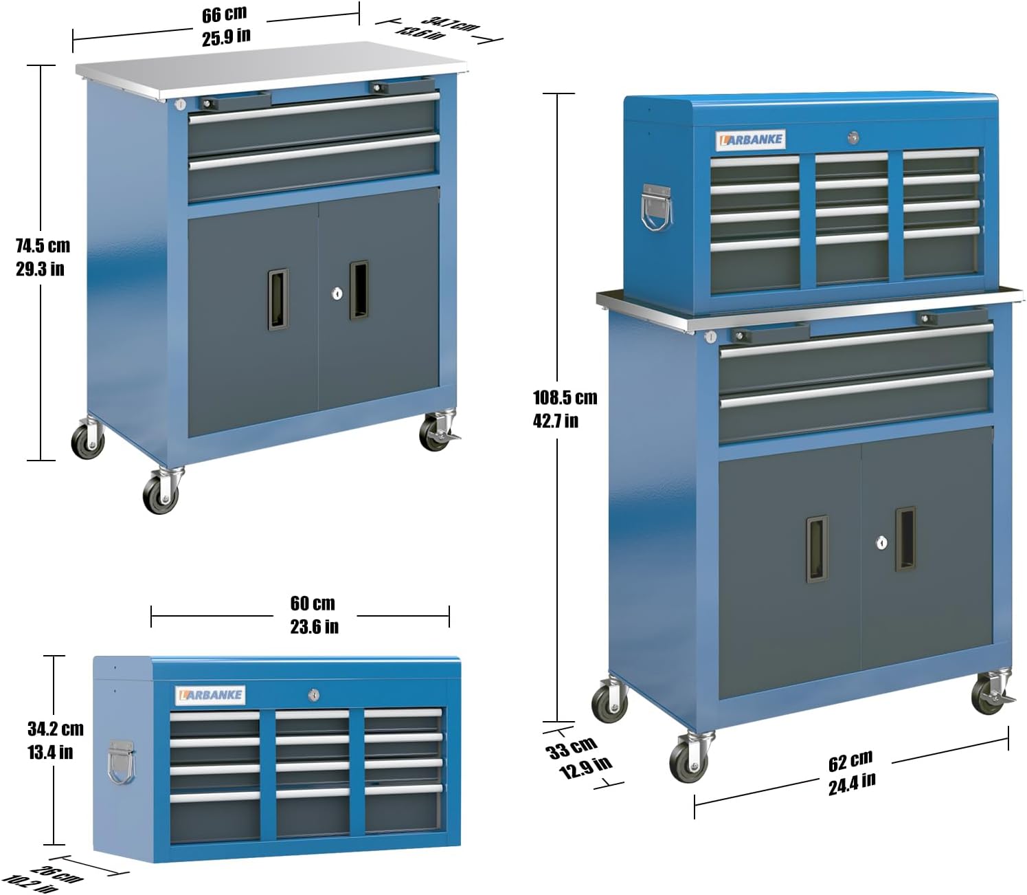 Rolling Tool Chest with Connection Buckle,7-Drawer Tool Chest and 8-Drawer Tool Box with Metal Stainless Tabletop,Locking System Storage Tool Cabinet with 360° Brake Swivel Wheels and Foot Pad