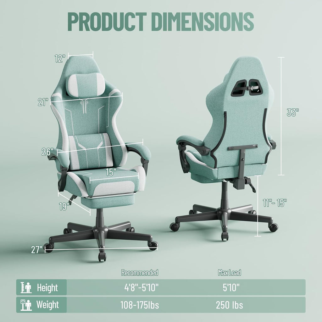 Ferghana Gaming Chair, Cloth Fabric Ergonomic Computer Chair with Massage Lumbar Support, High Back Office Game Chair with Footrest and Linkage Armrest for Adult, Green/White