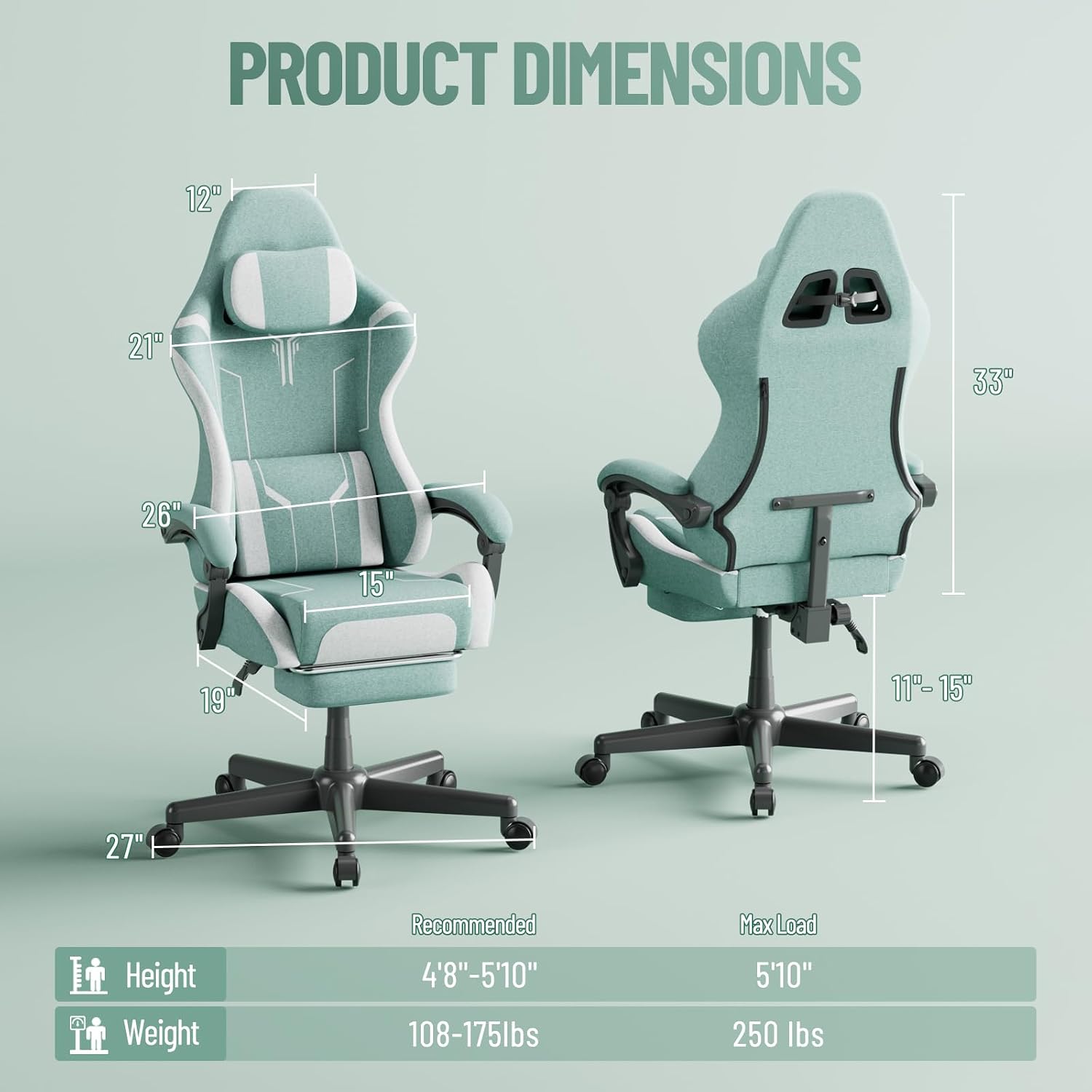Ferghana Gaming Chair, Cloth Fabric Ergonomic Computer Chair with Massage Lumbar Support, High Back Office Game Chair with Footrest and Linkage Armrest for Adult, Green/White