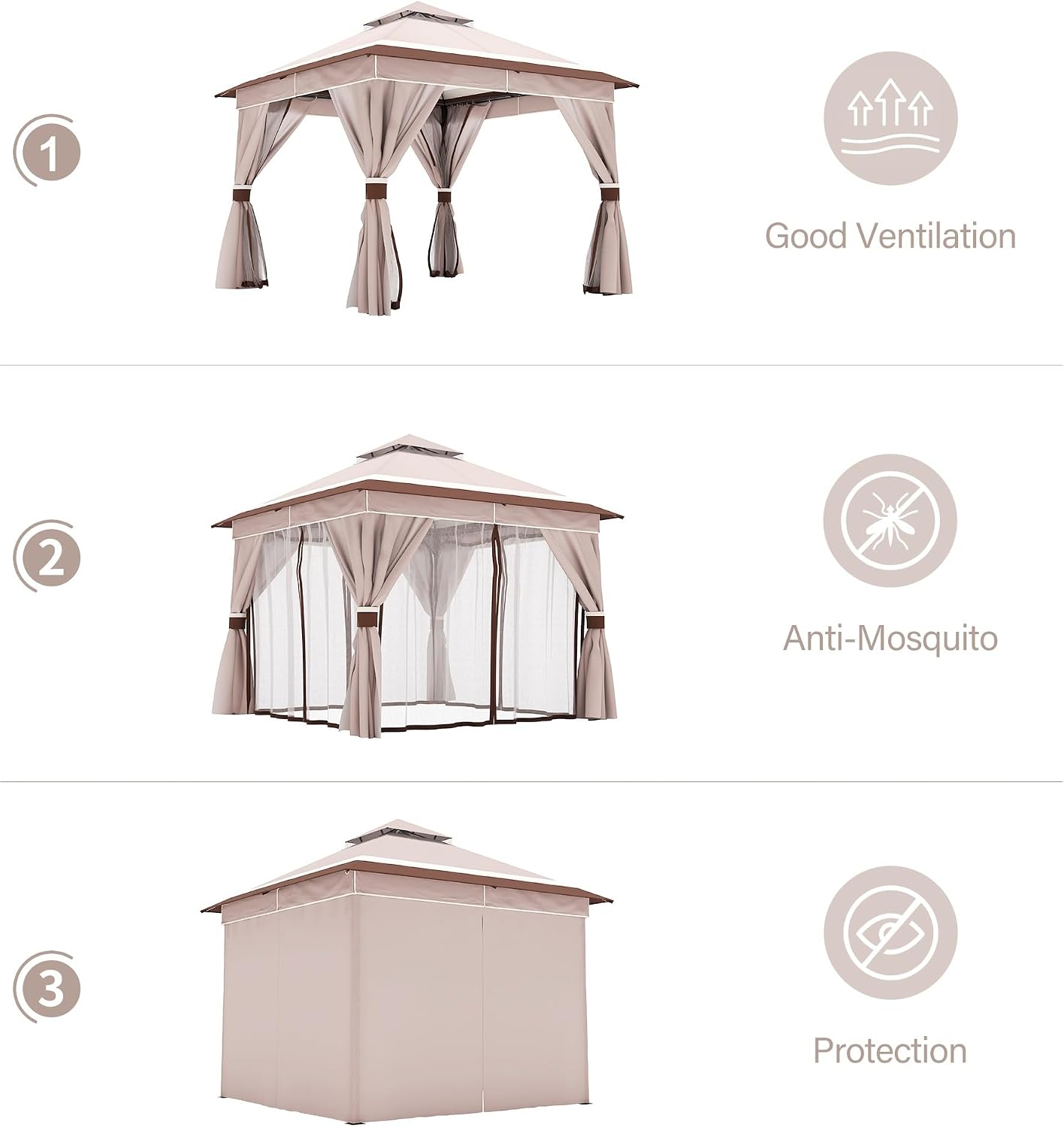 LAUSAINT HOME 10'x10' Outdoor Gazebo with 50FT String Lights, Metal Heavy Duty Patio Canopy Tent with Double Roofs, Mosquito Nettings and Privacy Screens for Backyard, Garden, Lawn, Classic Khaki