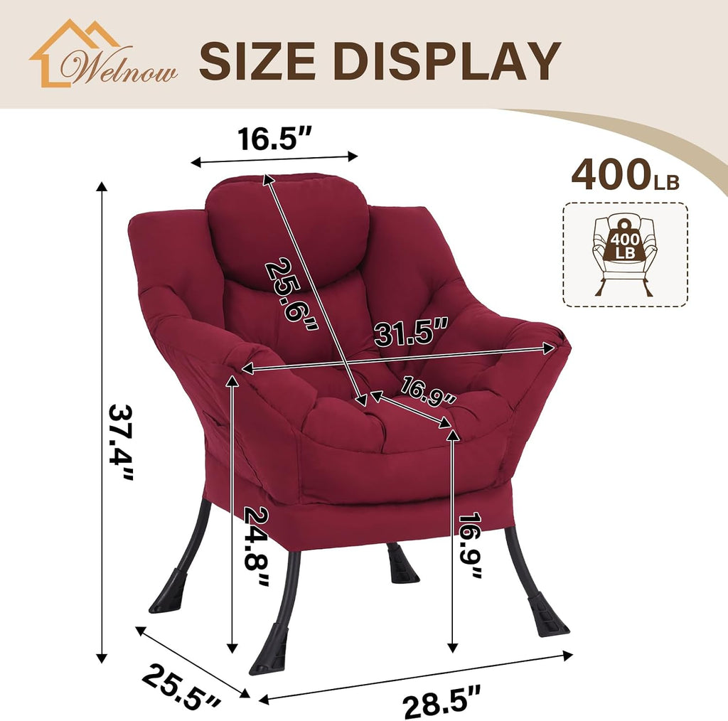 Welnow Lazy Chair for Living Room, Modern Reading Accent Chair with Armrests and a Side Pocket, Leisure Upholstered Lazy Sofa for Small Space, Bedroom, Dorm, Burgundy