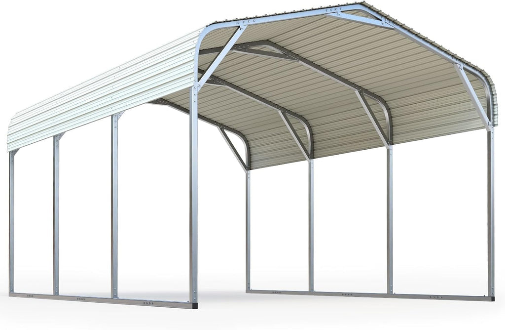 Quictent 10x15 ft Metal Roof Carport Kits Hard Top Garage Heavy Duty Steel Car Canopy with Reinforced Triangle Structure, White