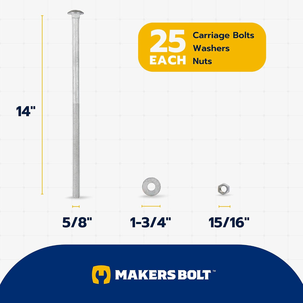 5/8' x 14' (25 pk) Hot Dip Galvanized 307A Carriage Bolt, Washer, Nut Kit by Makers Bolt