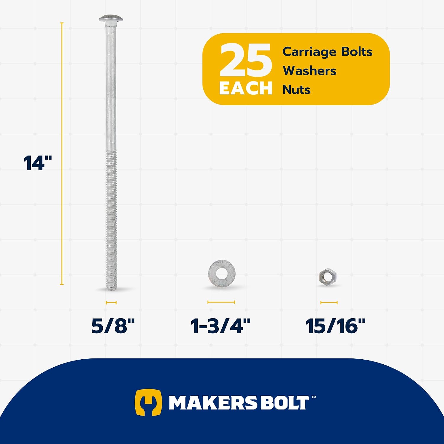 5/8' x 14' (25 pk) Hot Dip Galvanized 307A Carriage Bolt, Washer, Nut Kit by Makers Bolt