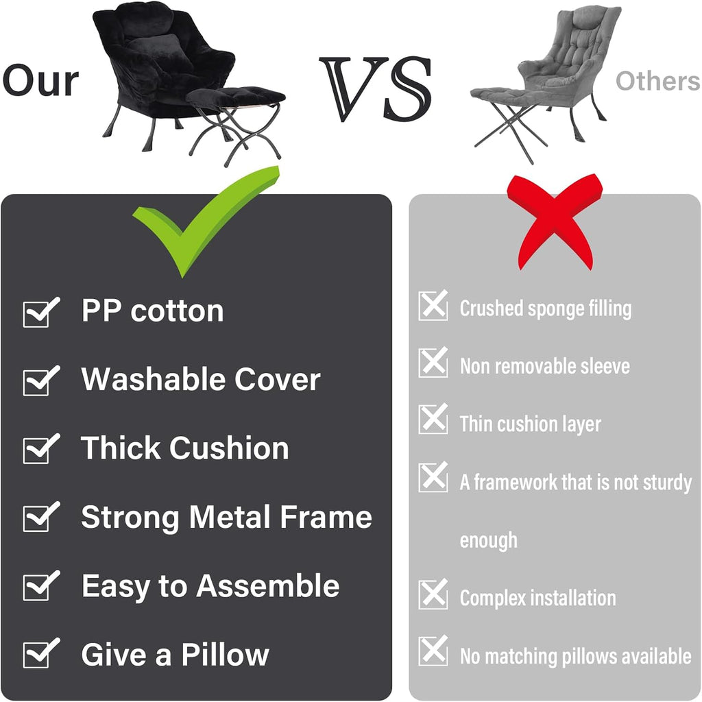Lazy Chair with Ottoman, Large Black Accent Chair with Ottoman and FA Throw Pillow, Comfy Plush Reading Chair for Living Room Bedroom Dorm Room Office Apartment Relaxing Use