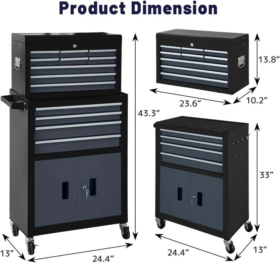 13-Drawer Rolling Tool Chest with Double Doors, 2 in 1 Detachable Rolling Tool Chest with Drawers, Mobile Tool Cabinet Combo, Metal Large Lockable Tool Box for Garage Workshop (Black-Gray)