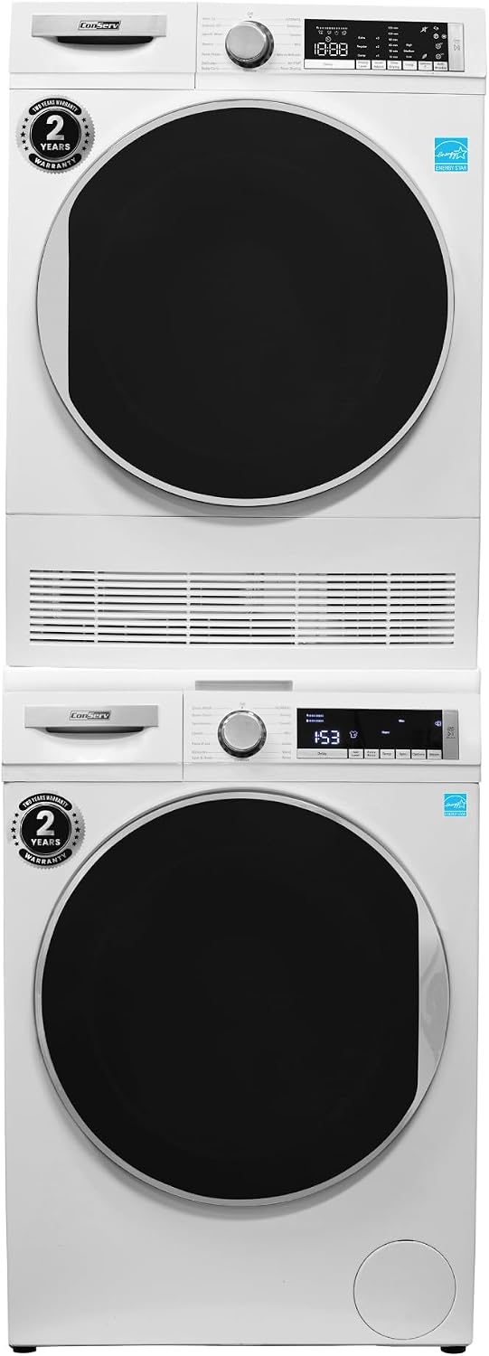 Conserv Front Load Washer & Condensing Dryer, 2.2 cu ft Washer (110V) + 4 cu ft Dryer (220/240V), ENERGY STAR, 15 Cycles, Stainless Steel Drum, LED Display, Compact Laundry Pair (White +Stacking Kit)