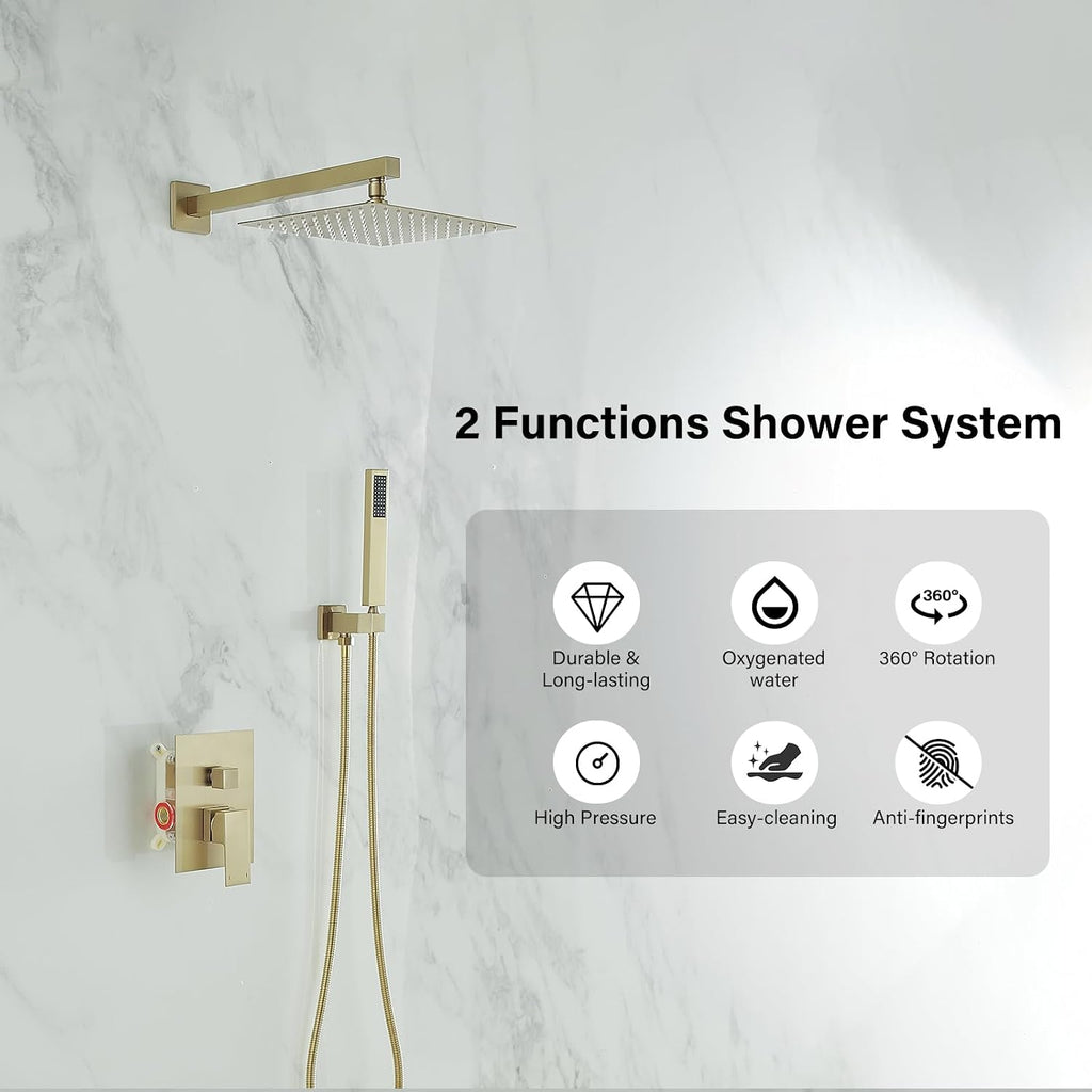 BWE Brushed Gold Shower Faucets Sets 10 Inch Square Bathroom Luxury Rain Shower Head with Handheld Spray Wall Mounted Shower System Rough-in Valve and Trim Included