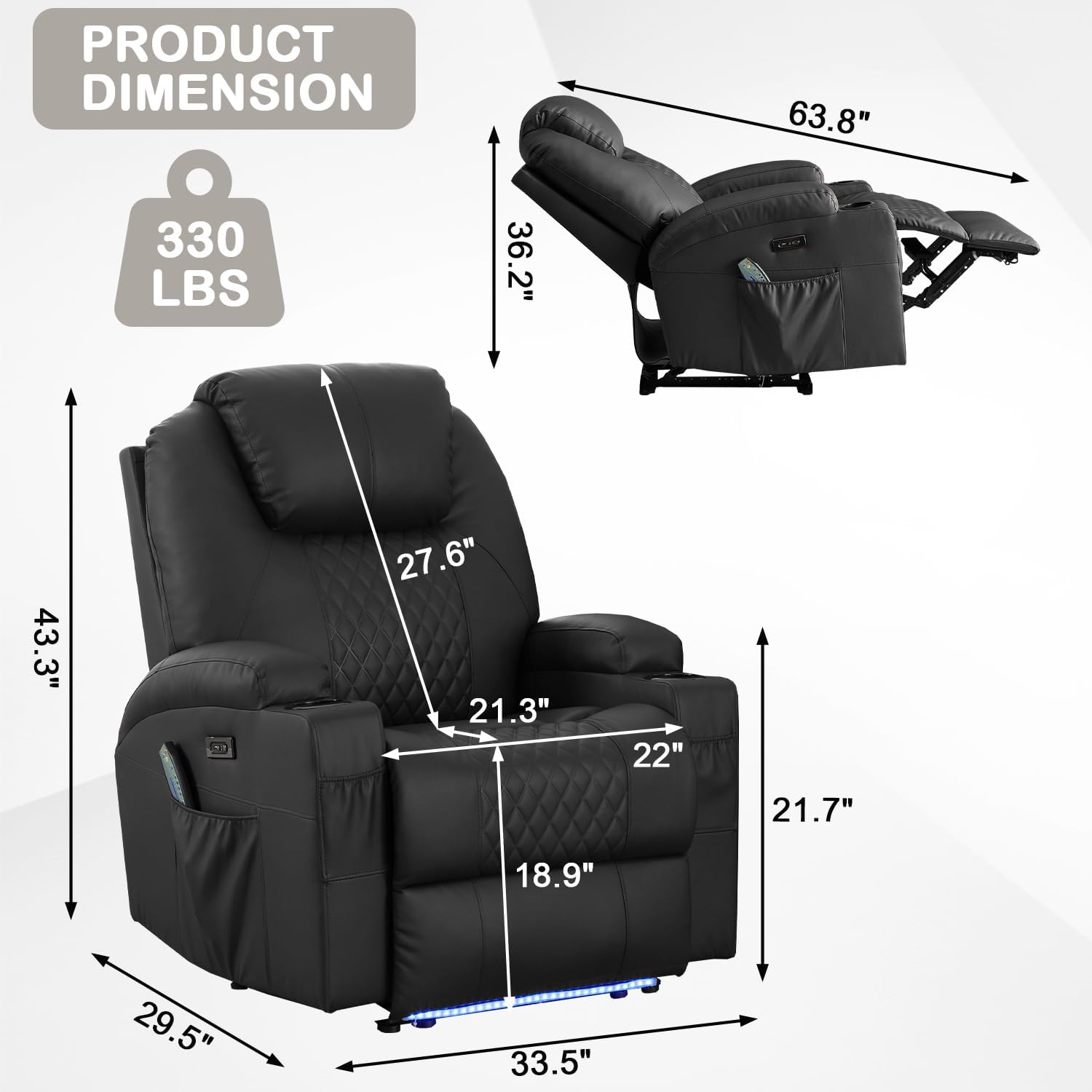 Power Recliner Chair with Heat and Massage for Adults - Home Theater Seating with LED Lights,Cup Holders,Side Pocket,USB Port - Recliner Sofa for Living Room (Black, Set of 2)