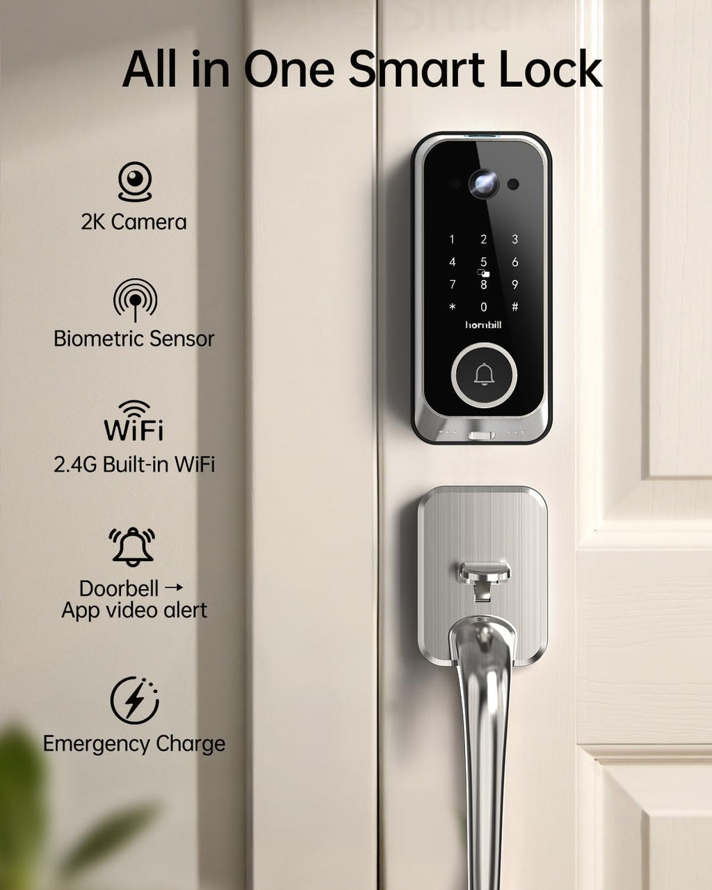 Smart Front Door Lock Sets: 2K HD Camera Lock with Doorbell Kits, Hornbill Fingerprint Keyless Entry Door Lock with Handles, WiFi Deadbolt(only 2.4G) for Remote Control, APP/Alexa/PIR,Satin Nickel