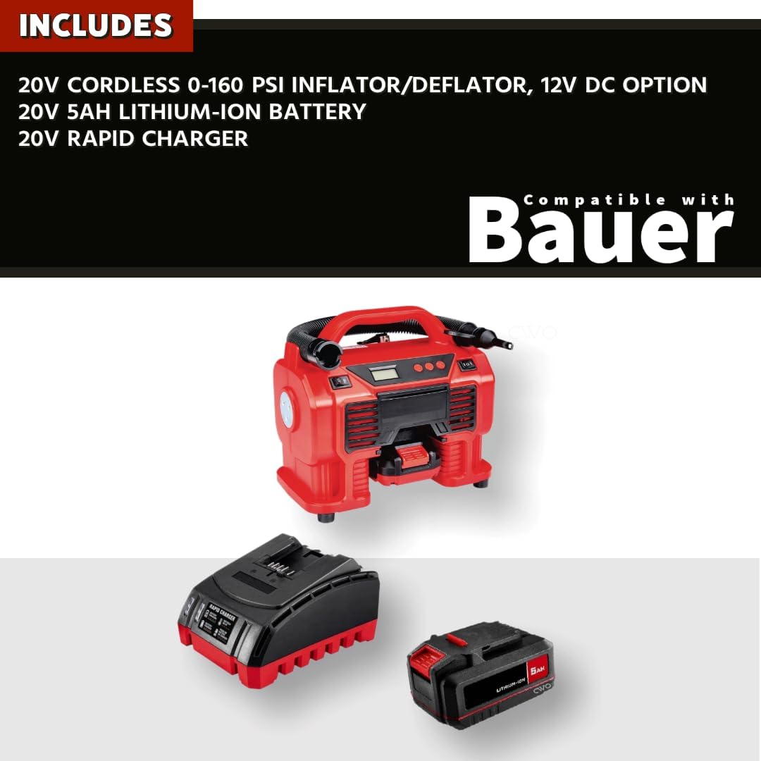NEW! 20-Volt Lithium-Ion Cordless Combo Kit (Complete Power Tool Bundle) with 20V Cordless 0-160 PSI Inflator/Deflator with 12V DC Power Option, 5Ah Battery & Rapid Charger - Fits All BAUER 20V Tools