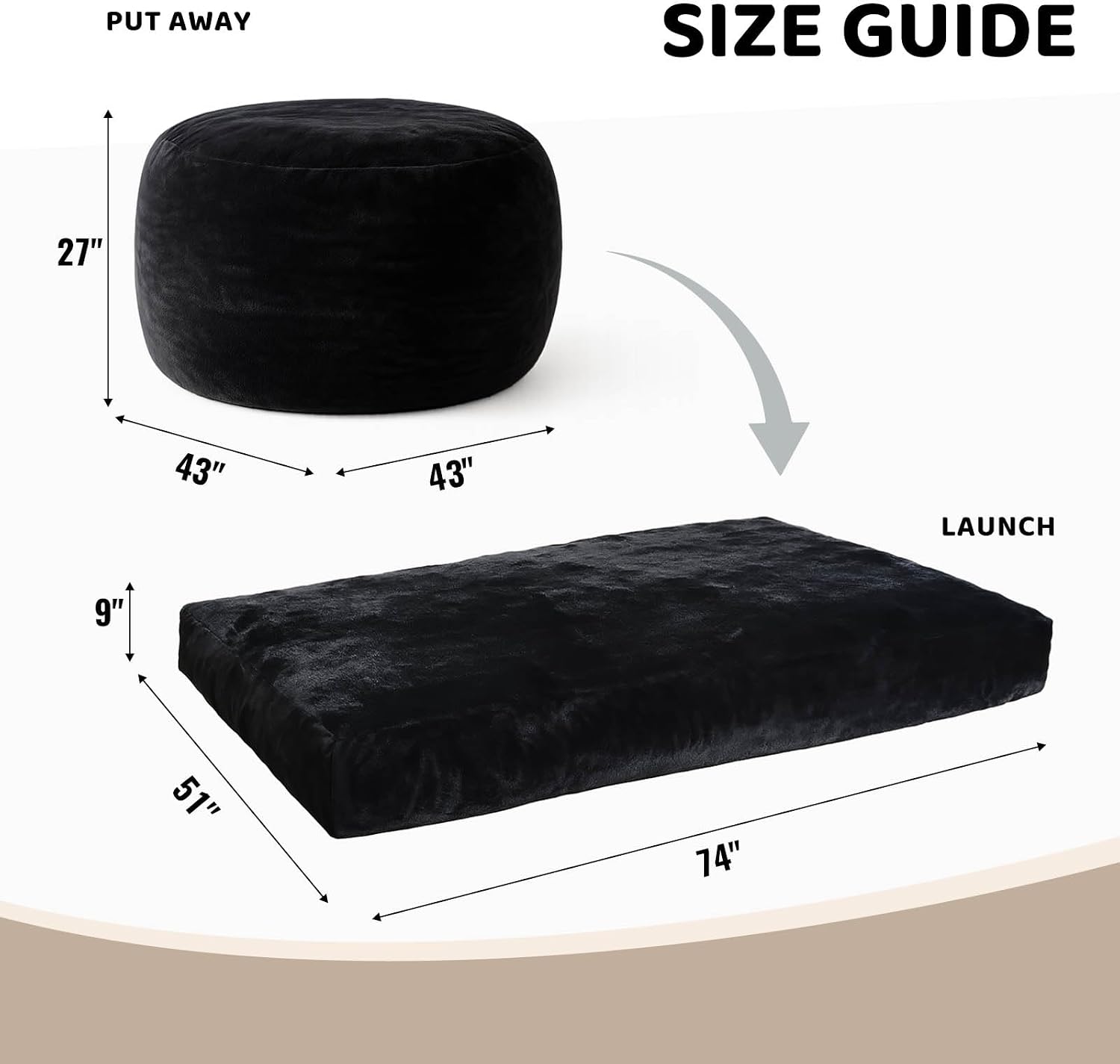 Adult Bean Bag Chair Bed, Bean Bag Sofa with Filling, Memory Foam, Comfortable Floor Sofa Bed, Boneless Floor Chair, Suitable for Living Room Bedroom Dormitory Balcony Lounge (Black, Chair Bed)
