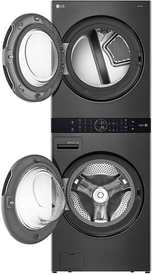 LG WashTower Stacked Smart Laundry Center 4.5 Cu.Ft. Front Load Washer Fully Automatic & 7.4 Cu.Ft. Gas Dryer in Black Steel w/Steam WKGX201HBA