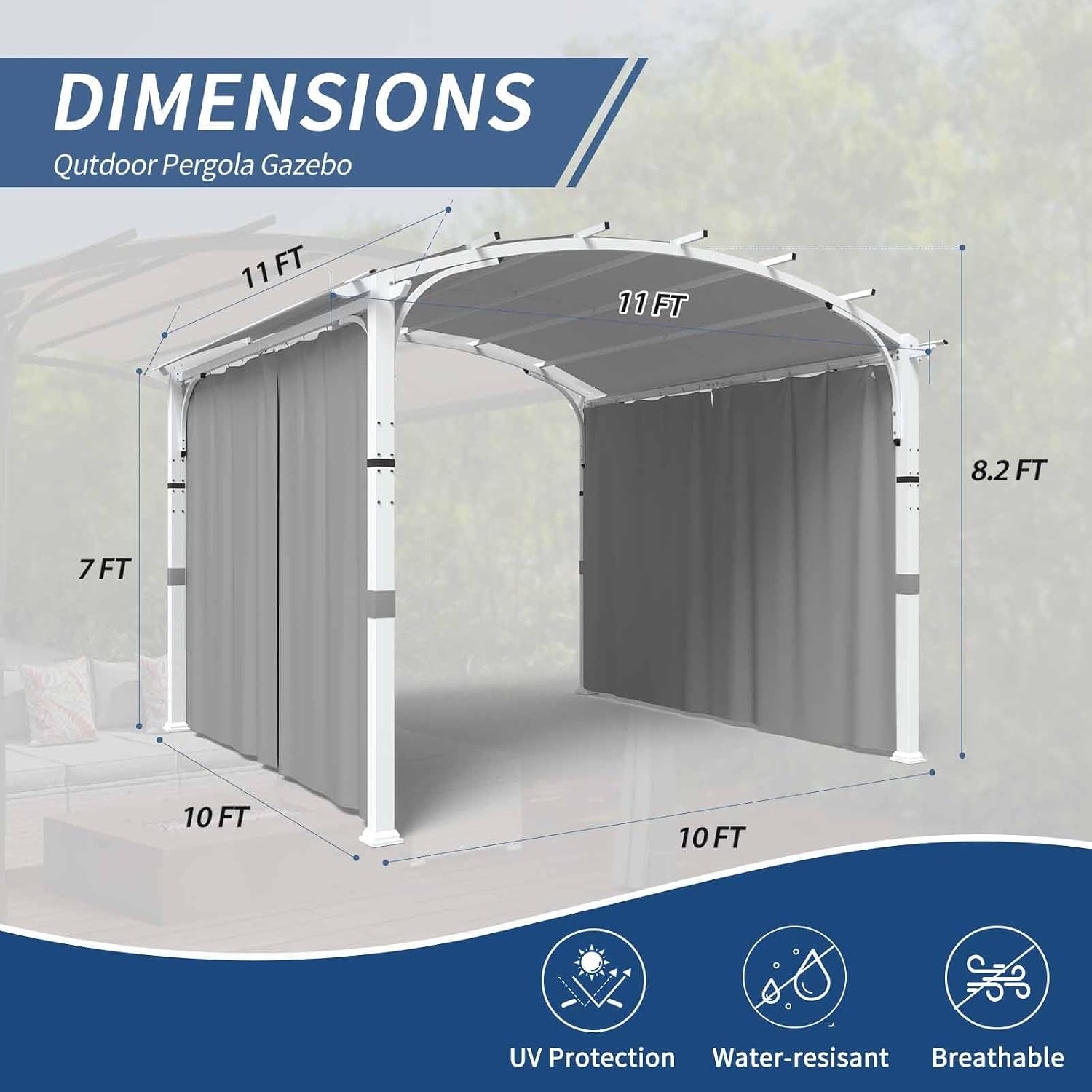 11'x11' Patio Pergola Canopy with Full Closure Sidewalls, Outdoor Metal Gazebo Pergola with Privacy Curtains, Gray