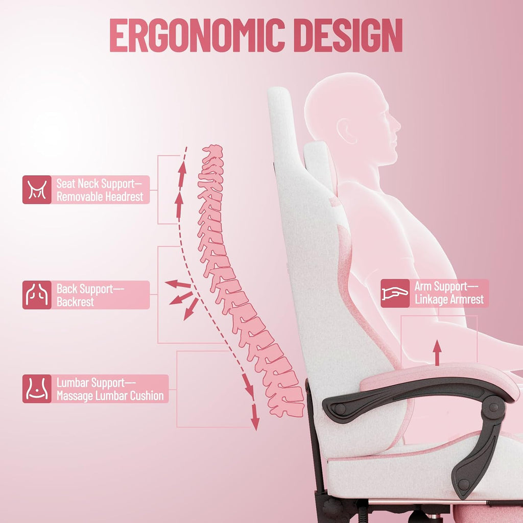 Ferghana Gaming Chair, Cloth Fabric Ergonomic Computer Chair with Massage Lumbar Support, High Back Office Game Chair with Footrest and Linkage Armrest for Adult, White/Pink