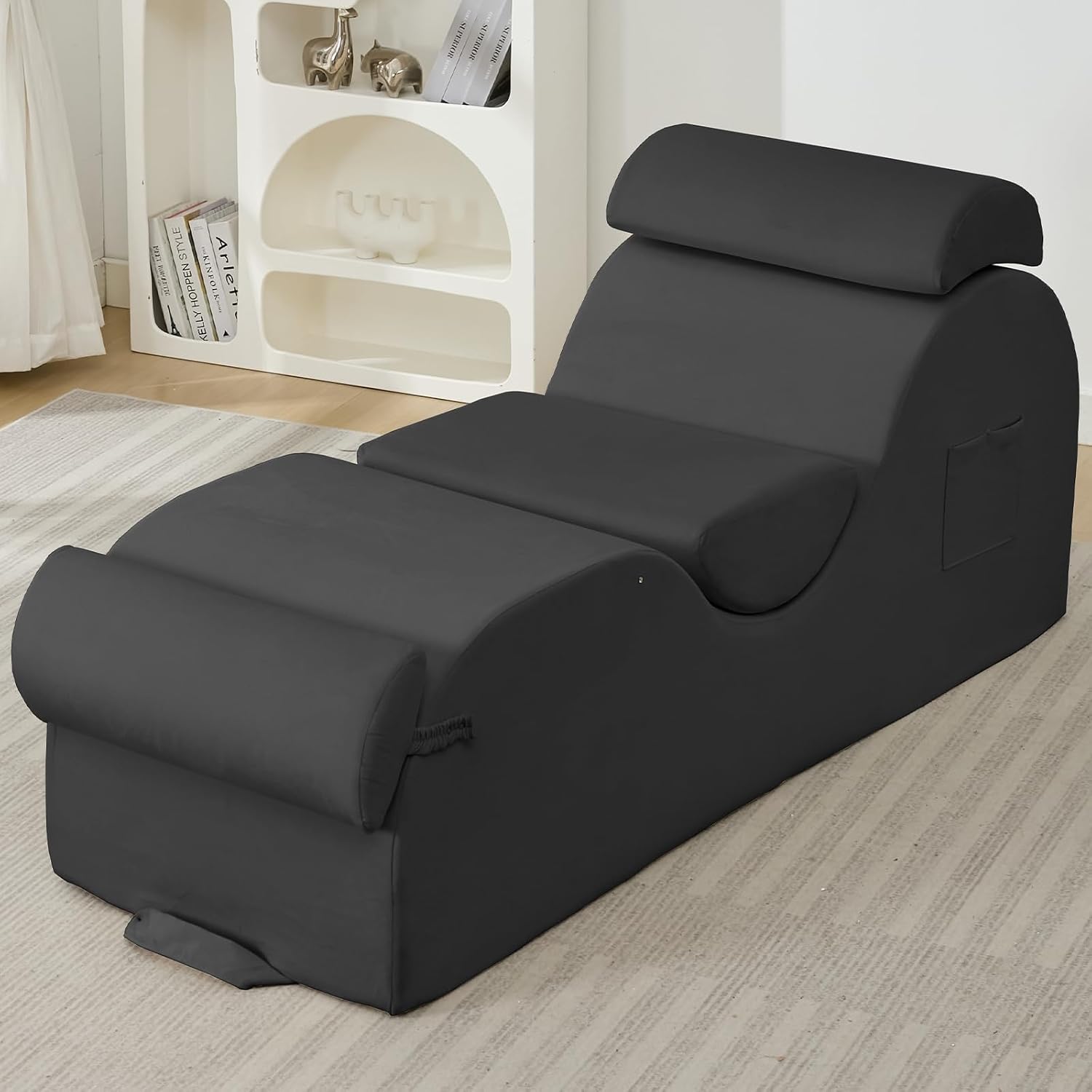 ijuicy 25 Inch Yoga Stretch Chair, Velvet Household Fitness Training Chair, Indoor Relaxation Recliner with Headrest & Adjustable Footrest, Dark Grey