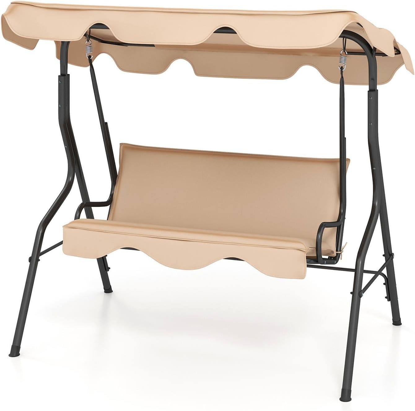 DREAMADE Porch Swing Outdoor, 3 Person Patio Swing w/Removable Cushion, Stand & Adjustable Canopy, Heavy Duty Swing Chair for Patio, Garden, Courtyard, Poolside