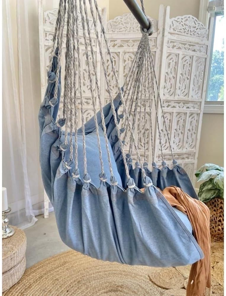 Blue Hammock Chair Swing, Bohemian Hanging Chair for Bedroom & Patio, 53' L x 33' W, Cozy Swinging Reading Chair