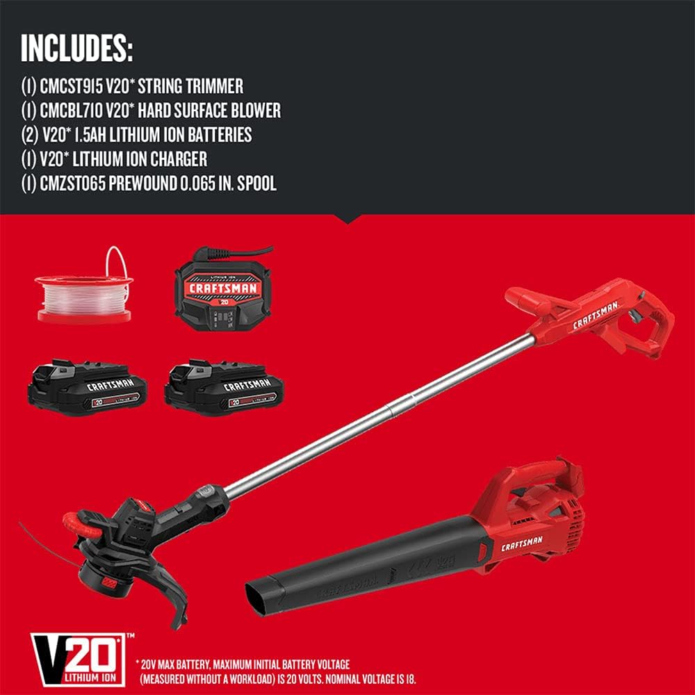 CRAFTSMAN V20 WEEDWACKER String Trimmer & Blower Combo Kit, (2) 1.5 Ah Batteries and Charger Included, 200 CFM/90 MPH Blower (CMCK279C2)