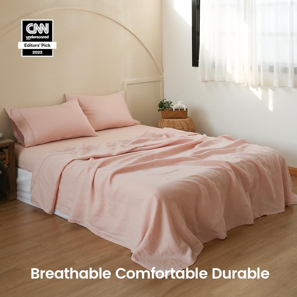 Simple&Opulence 100% Linen Sheet Set with Embroidery Washed - 4 Pieces (1 Flat Sheet & 1 Fitted Sheet & 2 Pillowcases) Natural Flax Soft Bedding Breathable Farmhouse - Pink, Queen Size